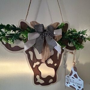 3D wooden cow door hanger brown and white
